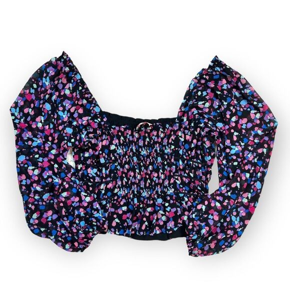 LeyDen Long Sleeve Off the Shoulder Ruffle Shirred Crop Top in Kaleidscope - Picture 4 of 11